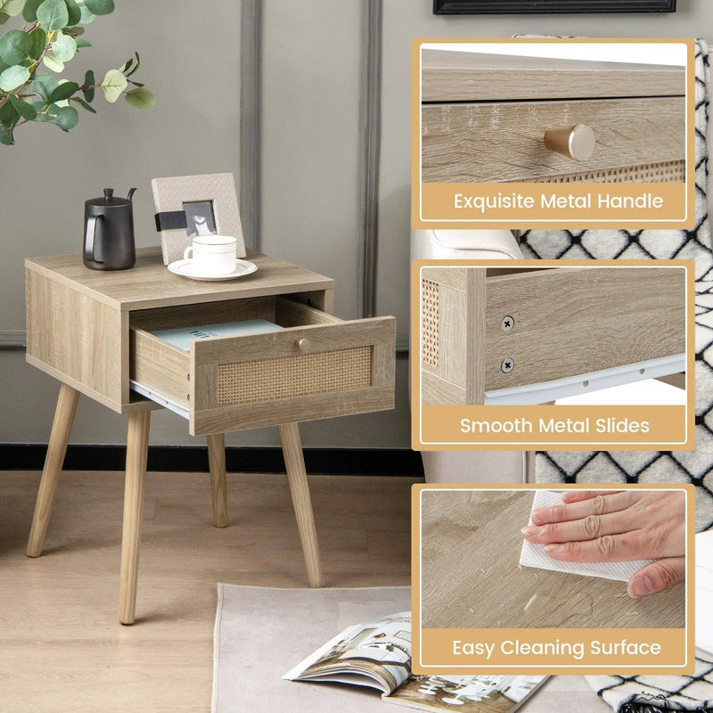 Set of 2 Modern Rattan Nightstand with Drawer and Solid Wood Legs for Bedroom and Living Room-Oak by DirectDeals