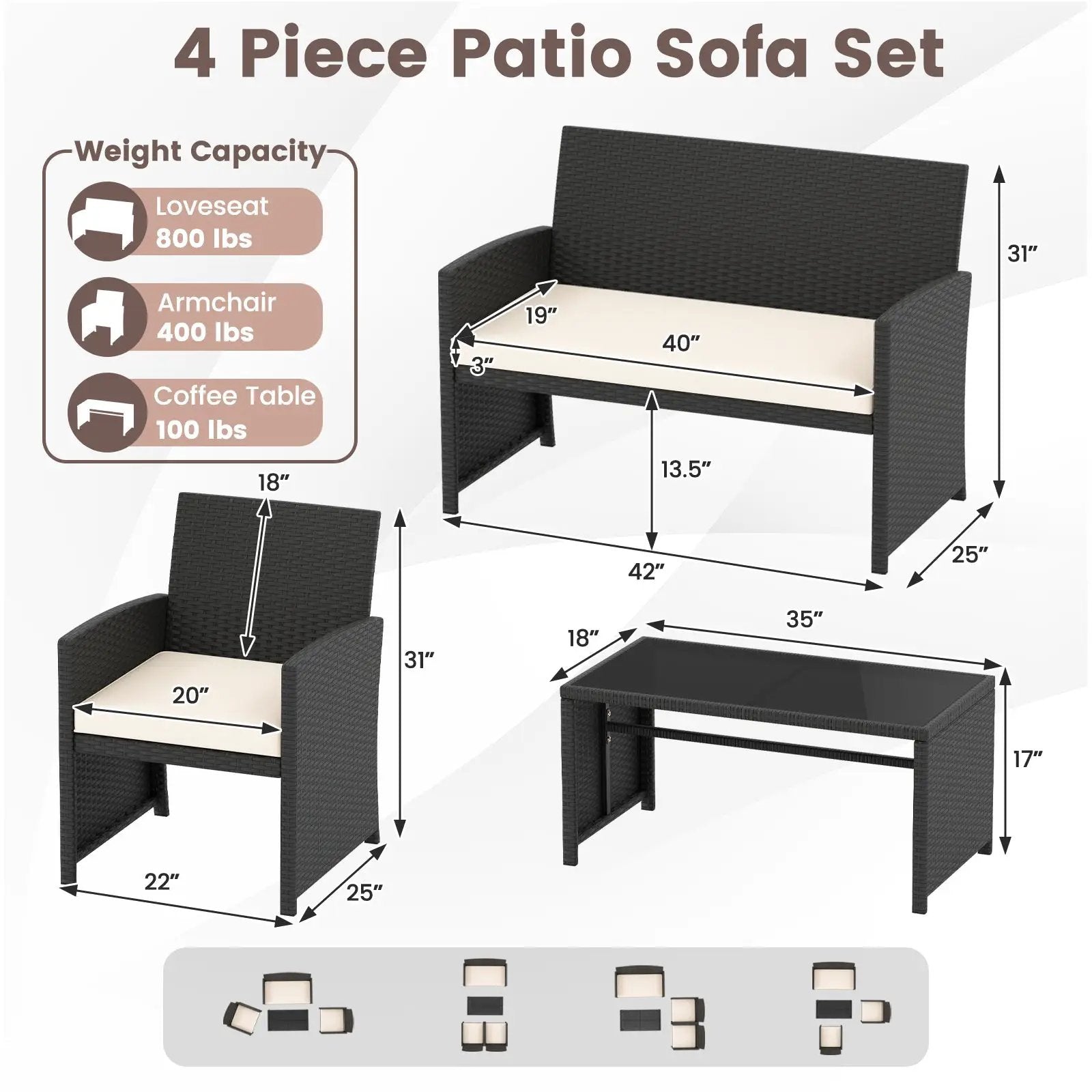 4 Pieces Patio Furniture Set with Tempered Glass Tabletop and Removable Cushion by DirectDeals