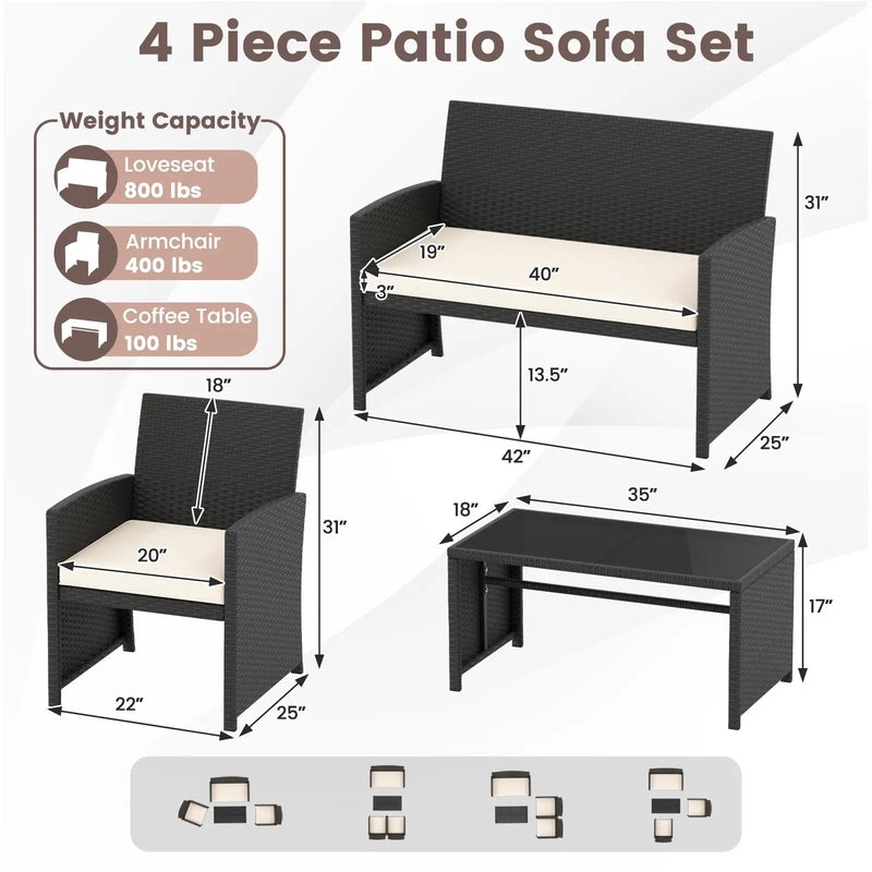 4 Pieces Patio Furniture Set with Tempered Glass Tabletop and Removable Cushion by DirectDeals