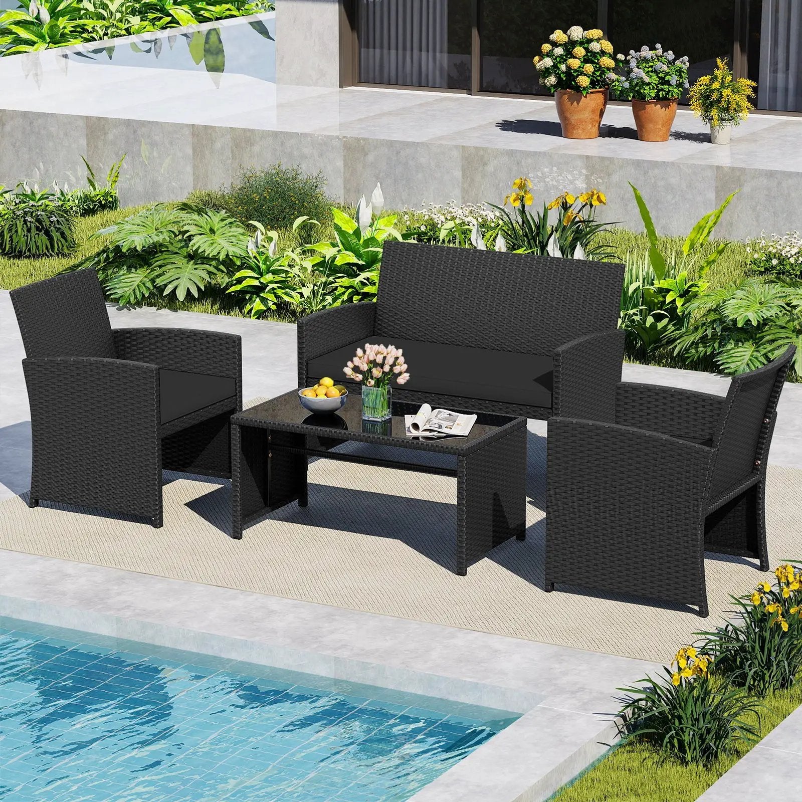 4 Pieces Patio Furniture Set with Tempered Glass Tabletop and Removable Cushion by DirectDeals