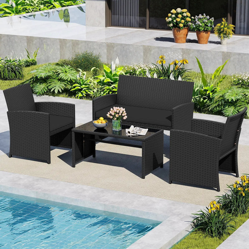4 Pieces Patio Furniture Set with Tempered Glass Tabletop and Removable Cushion by DirectDeals