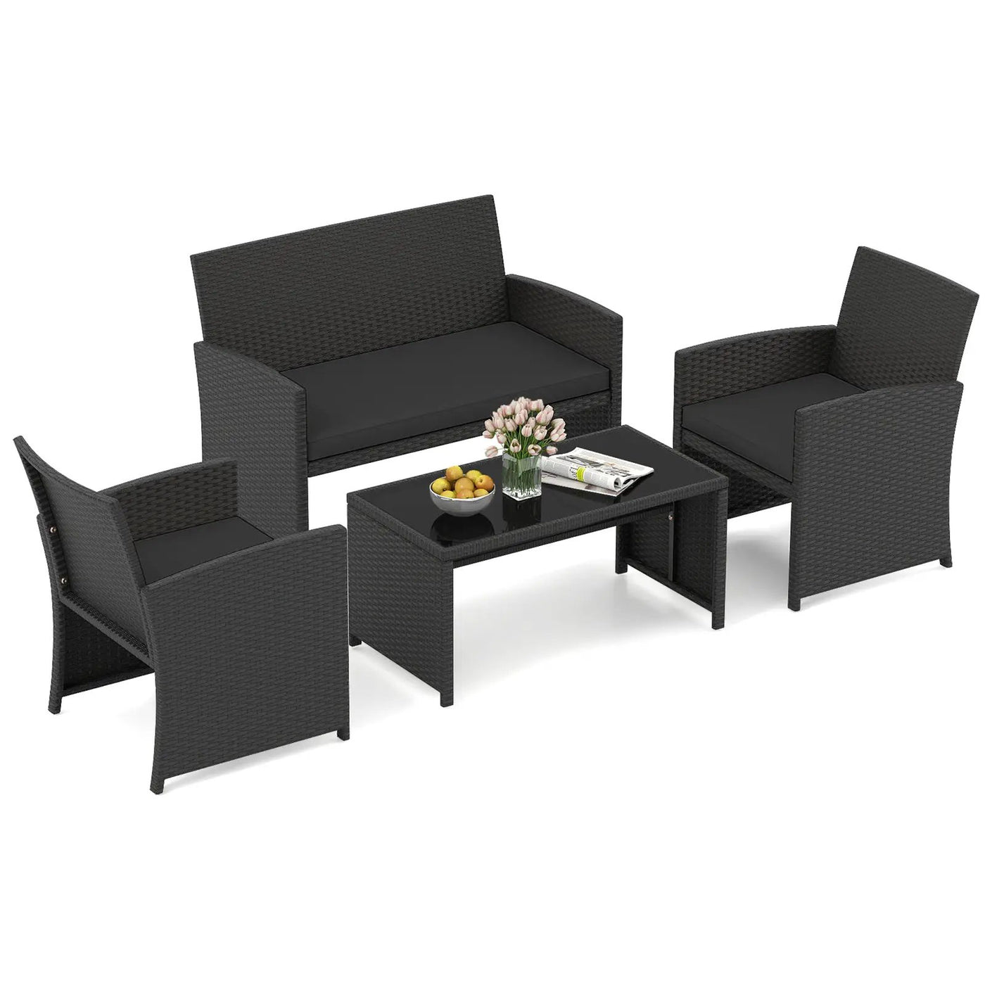 4 Pieces Patio Furniture Set with Tempered Glass Tabletop and Removable Cushion by DirectDeals