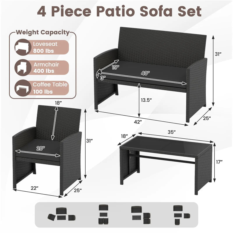 4 Pieces Patio Furniture Set with Tempered Glass Tabletop and Removable Cushion by DirectDeals