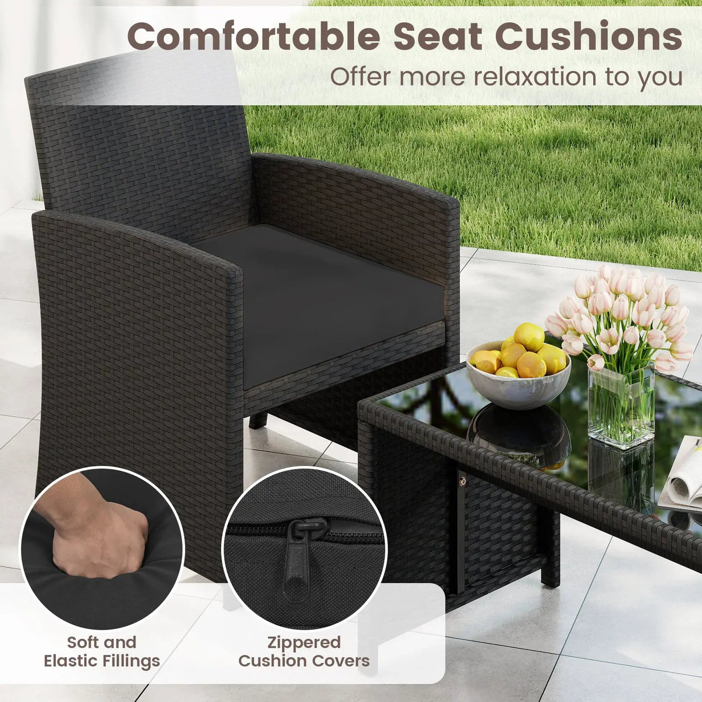 4 Pieces Patio Furniture Set with Tempered Glass Tabletop and Removable Cushion by DirectDeals