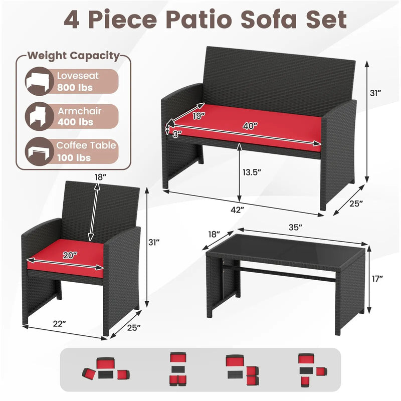 4 Pieces Patio Furniture Set with Tempered Glass Tabletop and Removable Cushion by DirectDeals