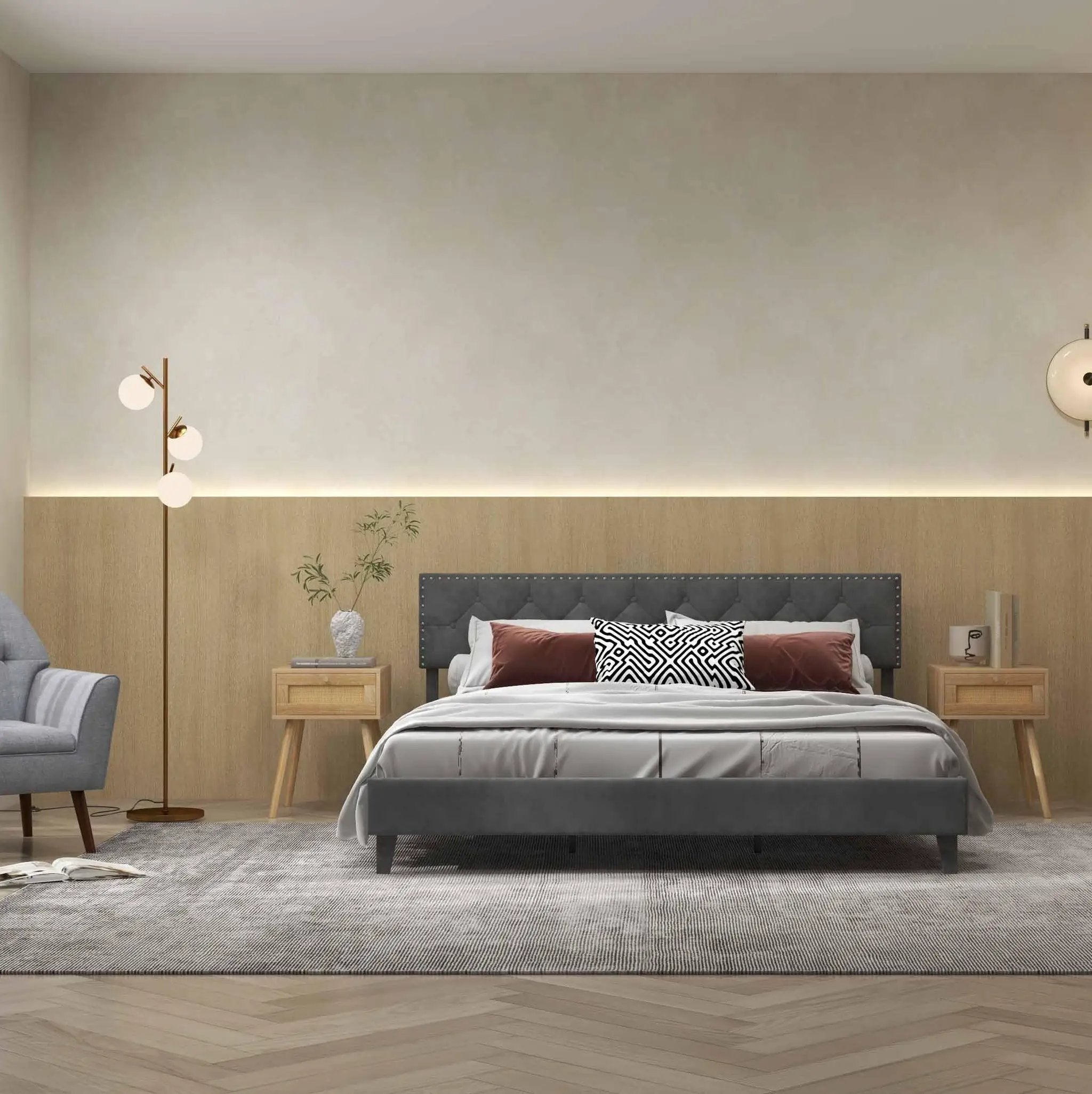 Modern 3-Piece Bedroom Furniture Set with Upholstered Queen Bed 2 Rattan Nightstands and 3-Globe Floor Lamp by DirectDeals