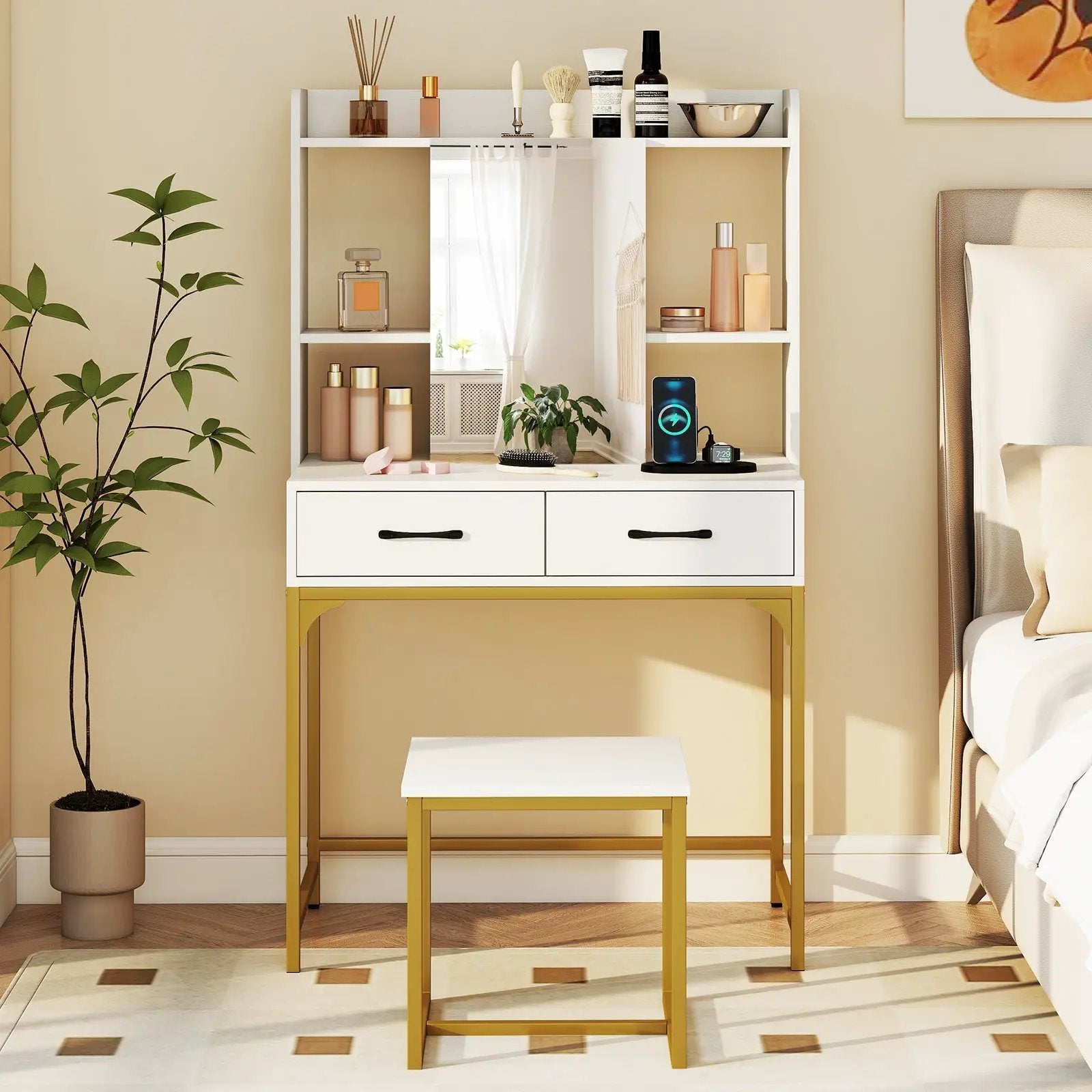 Vanity Desk with Storage Drawers and Charging Station by DirectDeals