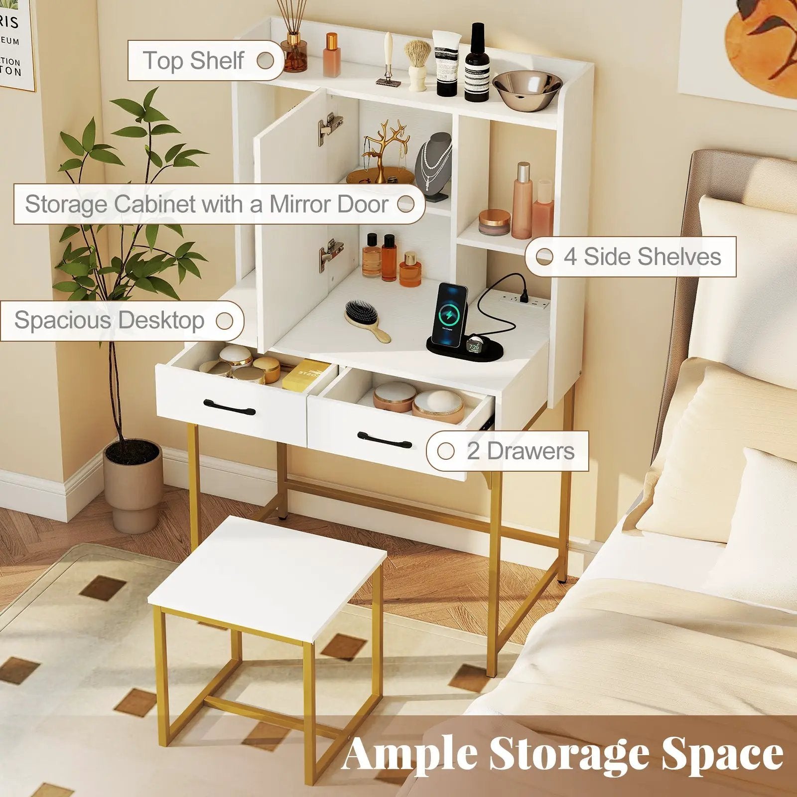 Vanity Desk with Storage Drawers and Charging Station by DirectDeals