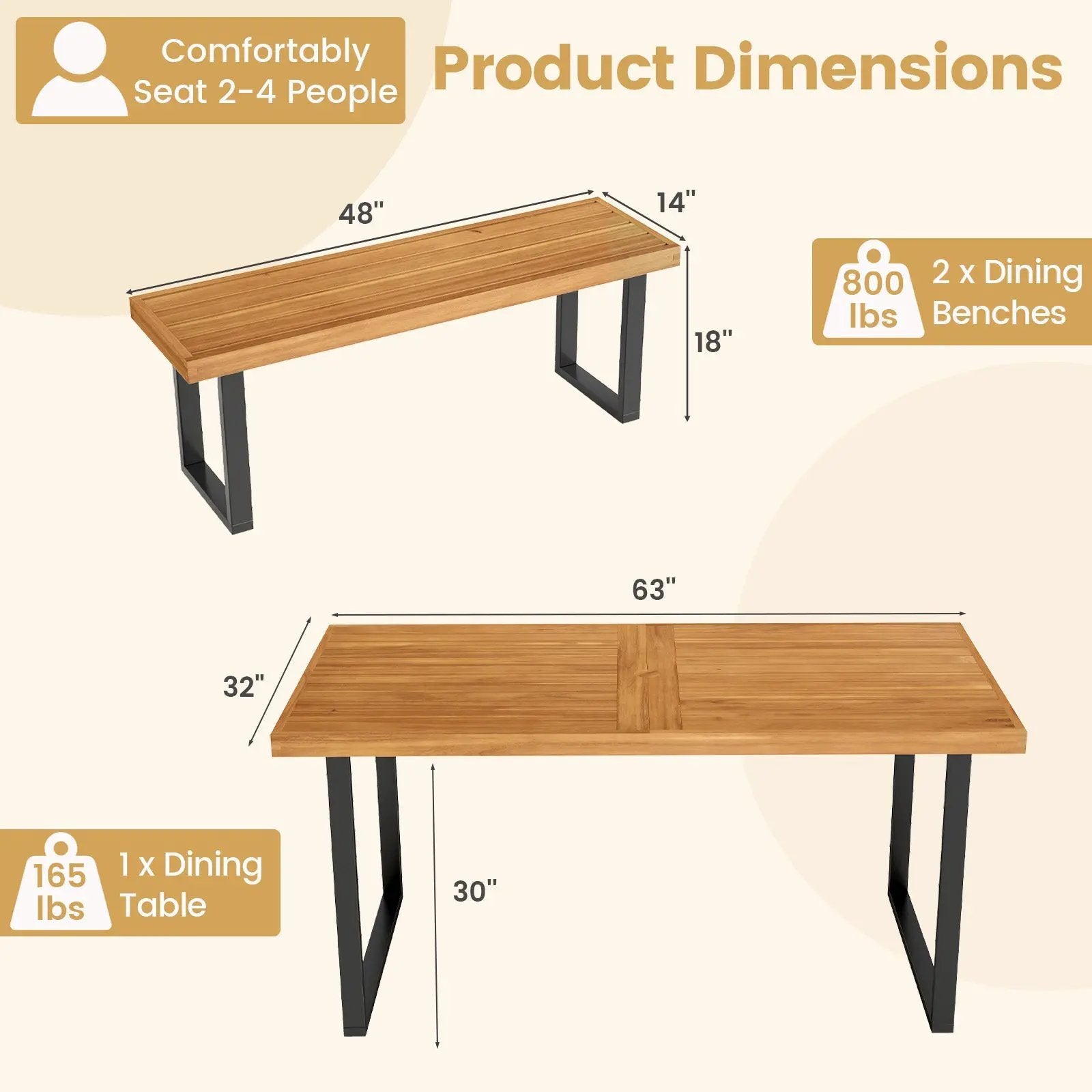 3 Pieces Patio Dining Table Set 63‚Äù Rectangle Table and 2 Backless Bench by DirectDeals