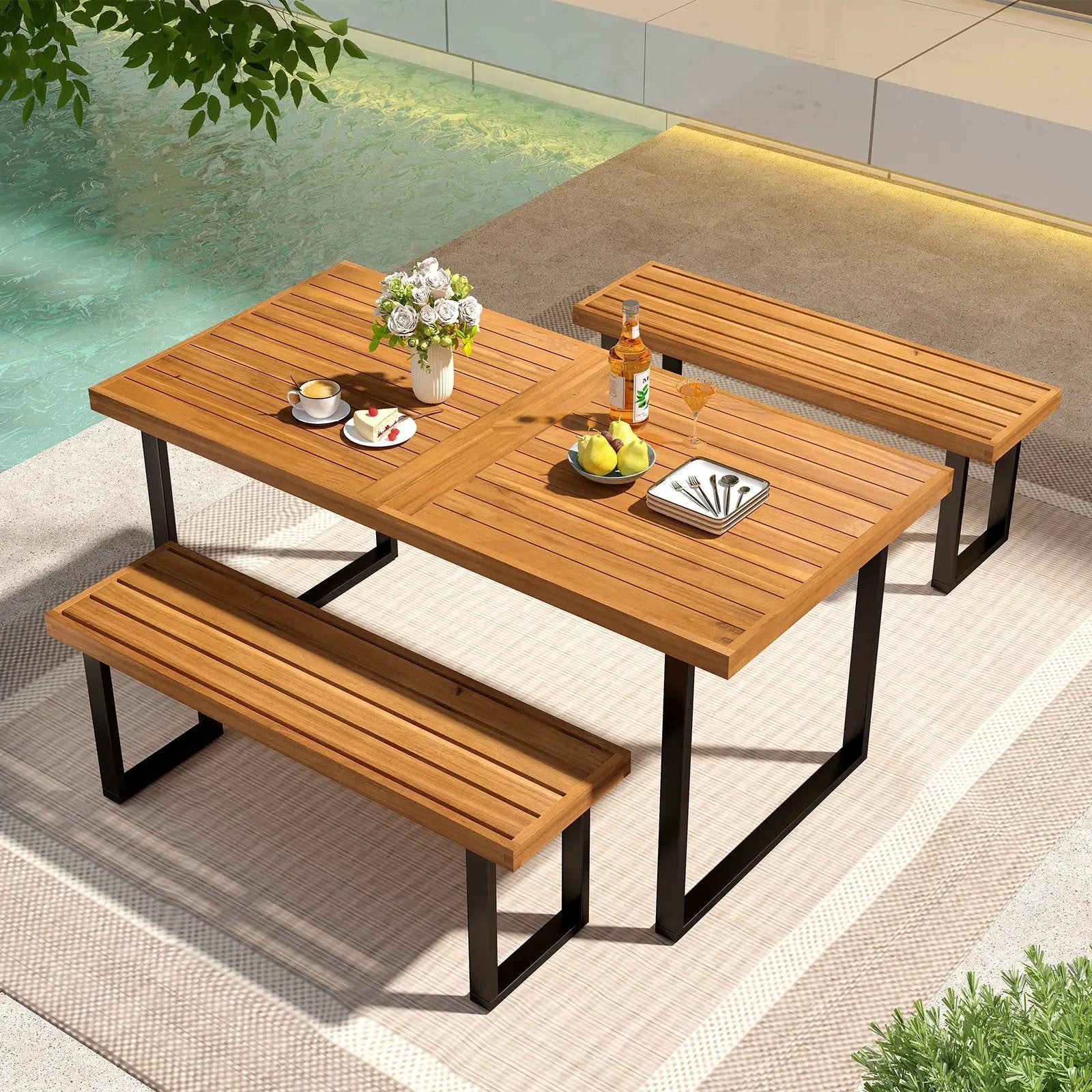 3 Pieces Patio Dining Table Set 63‚Äù Rectangle Table and 2 Backless Bench by DirectDeals