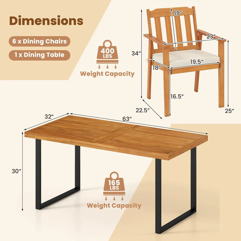 7 Pieces Patio Dining Table Set 63‚Äù Rectangle Table and 6 Acacia Wood Armchairs by DirectDeals