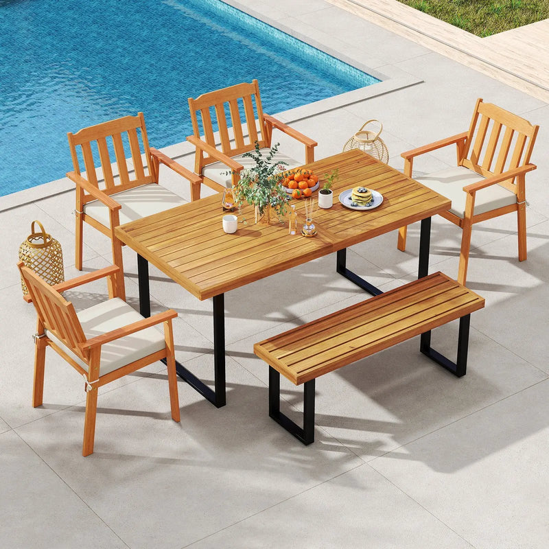 6 Pieces Patio Dining Table Set 63‚Äù Rectangle Table with 4 Acacia Wood Armchairs and Backless Bench by DirectDeals
