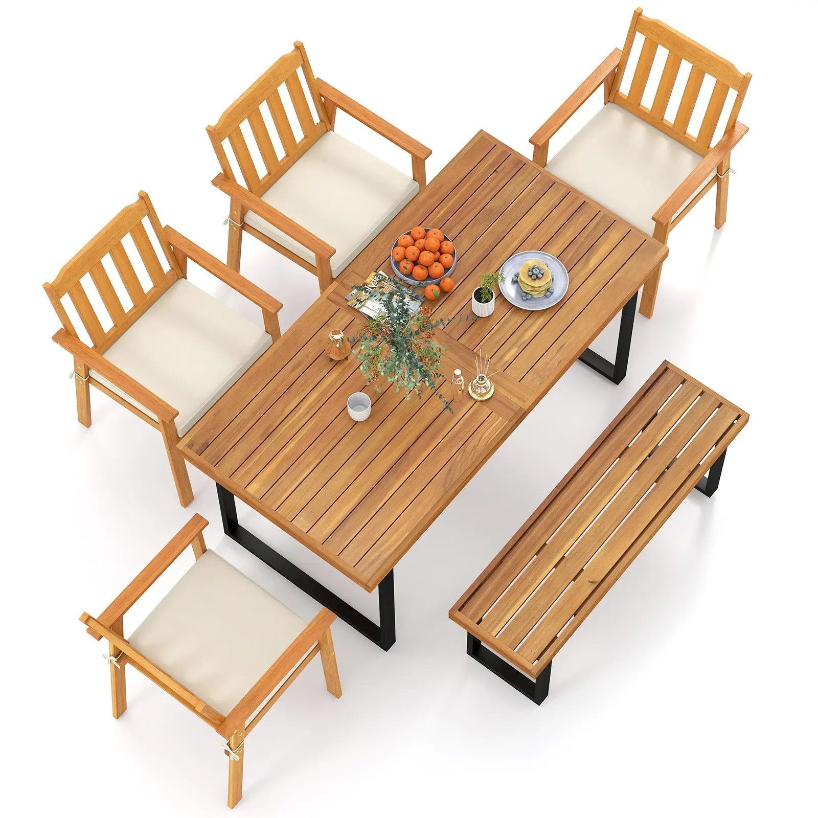 6 Pieces Patio Dining Table Set 63‚Äù Rectangle Table with 4 Acacia Wood Armchairs and Backless Bench by DirectDeals