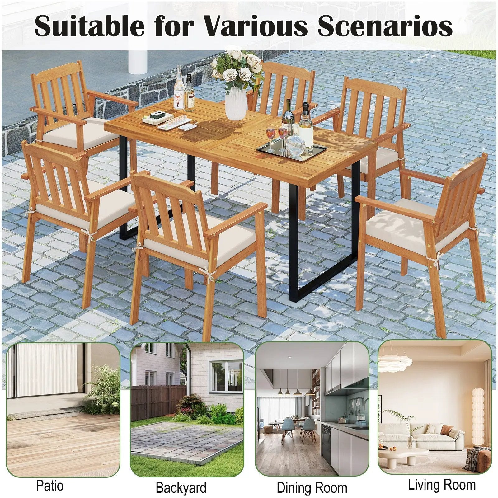 6 Pieces Patio Dining Table Set 63‚Äù Rectangle Table with 4 Acacia Wood Armchairs and Backless Bench by DirectDeals