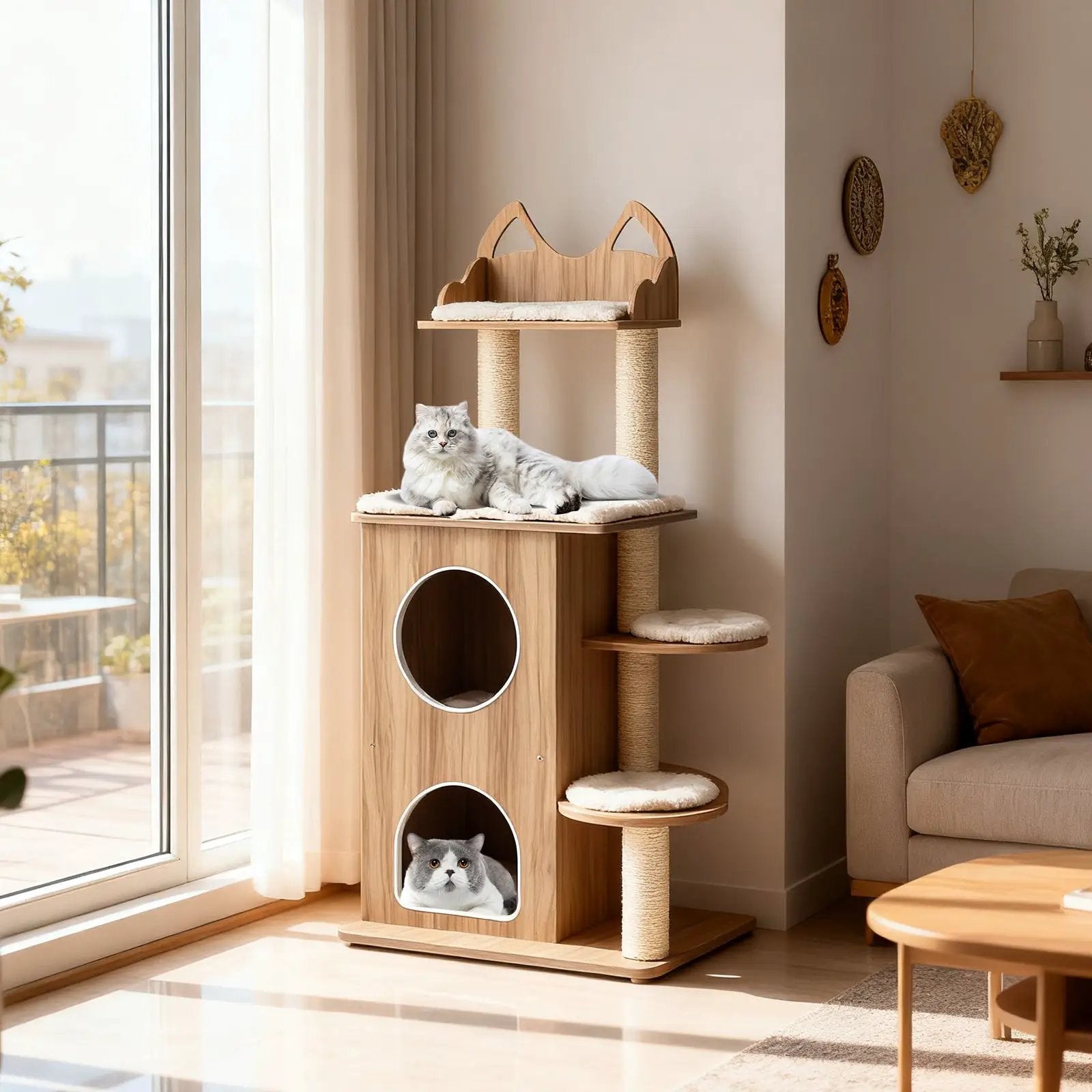 48 Inch Wooden Cat Tree with 2-Floor Condo and Washable Cushions-Natural by DirectDeals