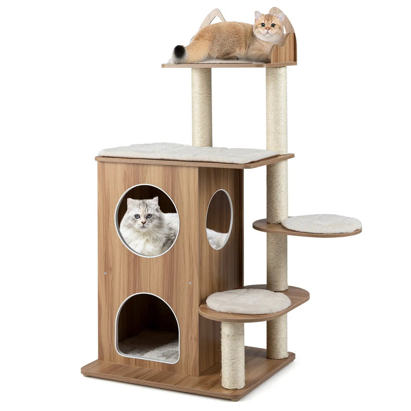 48 Inch Wooden Cat Tree with 2-Floor Condo and Washable Cushions-Natural by DirectDeals