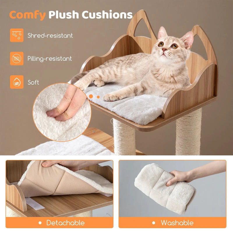 48 Inch Wooden Cat Tree with 2-Floor Condo and Washable Cushions-Natural by DirectDeals