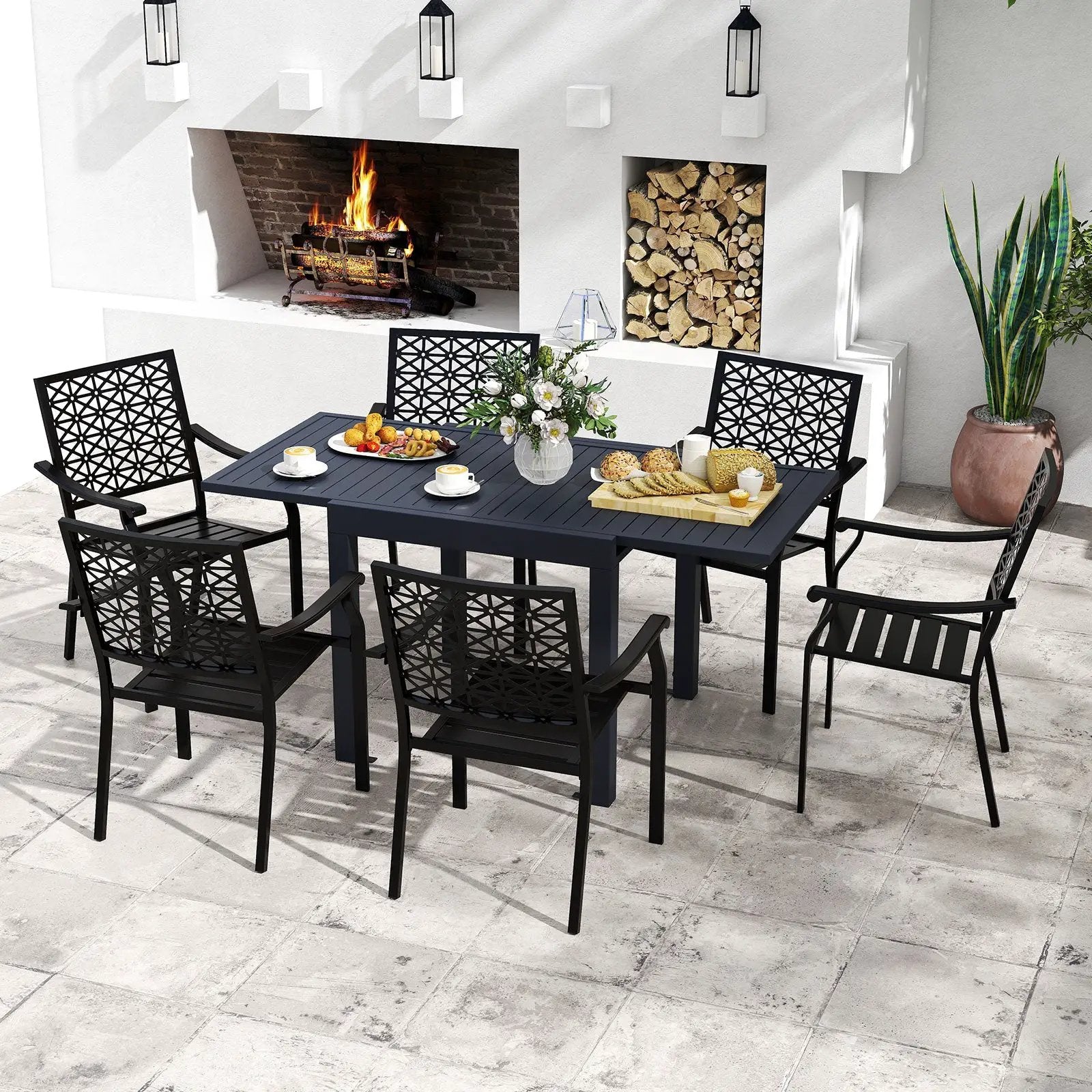 Patio Rectangular Aluminum Table and Stackable Armchairs Set with Slatted Tabletop and Seats by DirectDeals