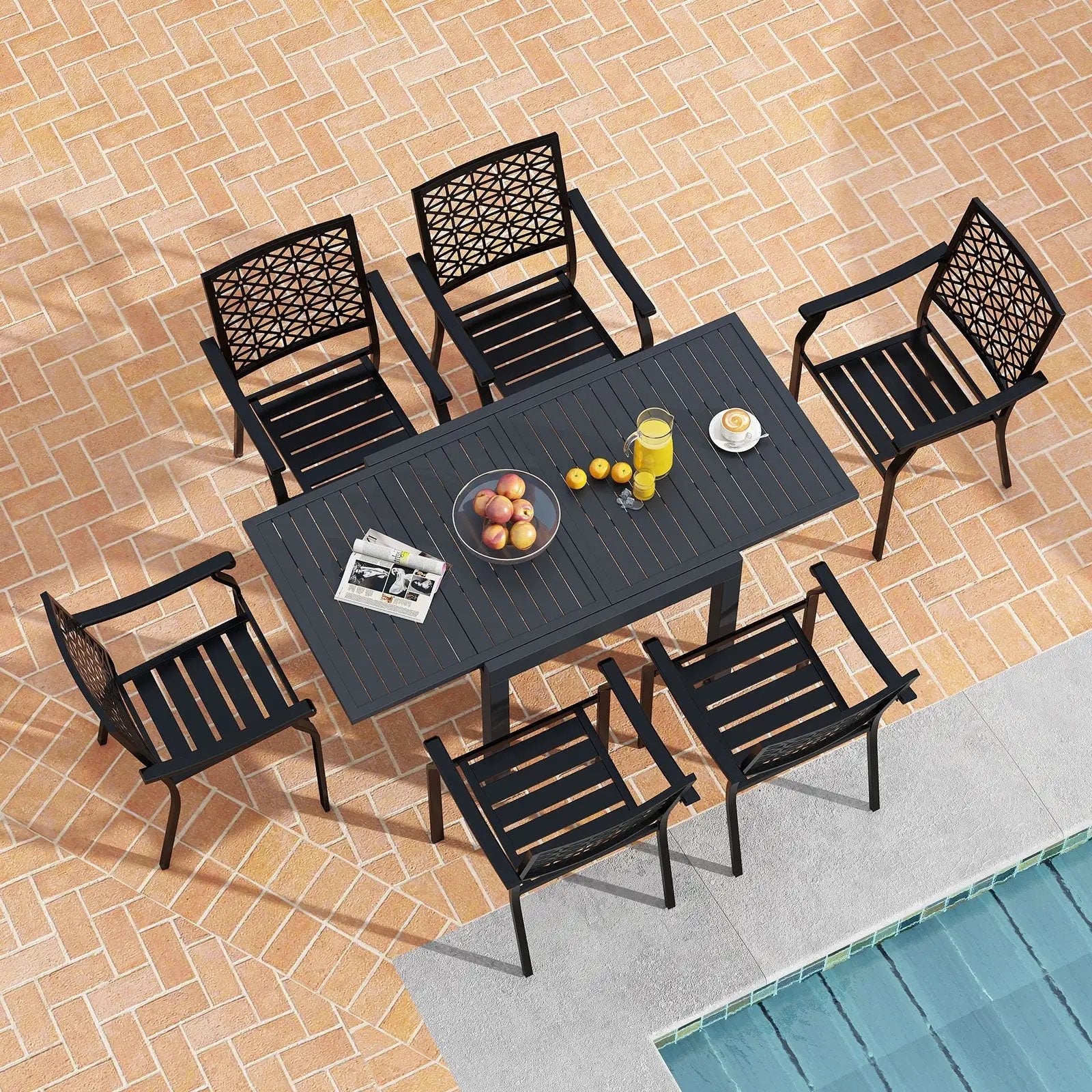 Patio Rectangular Aluminum Table and Stackable Armchairs Set with Slatted Tabletop and Seats by DirectDeals
