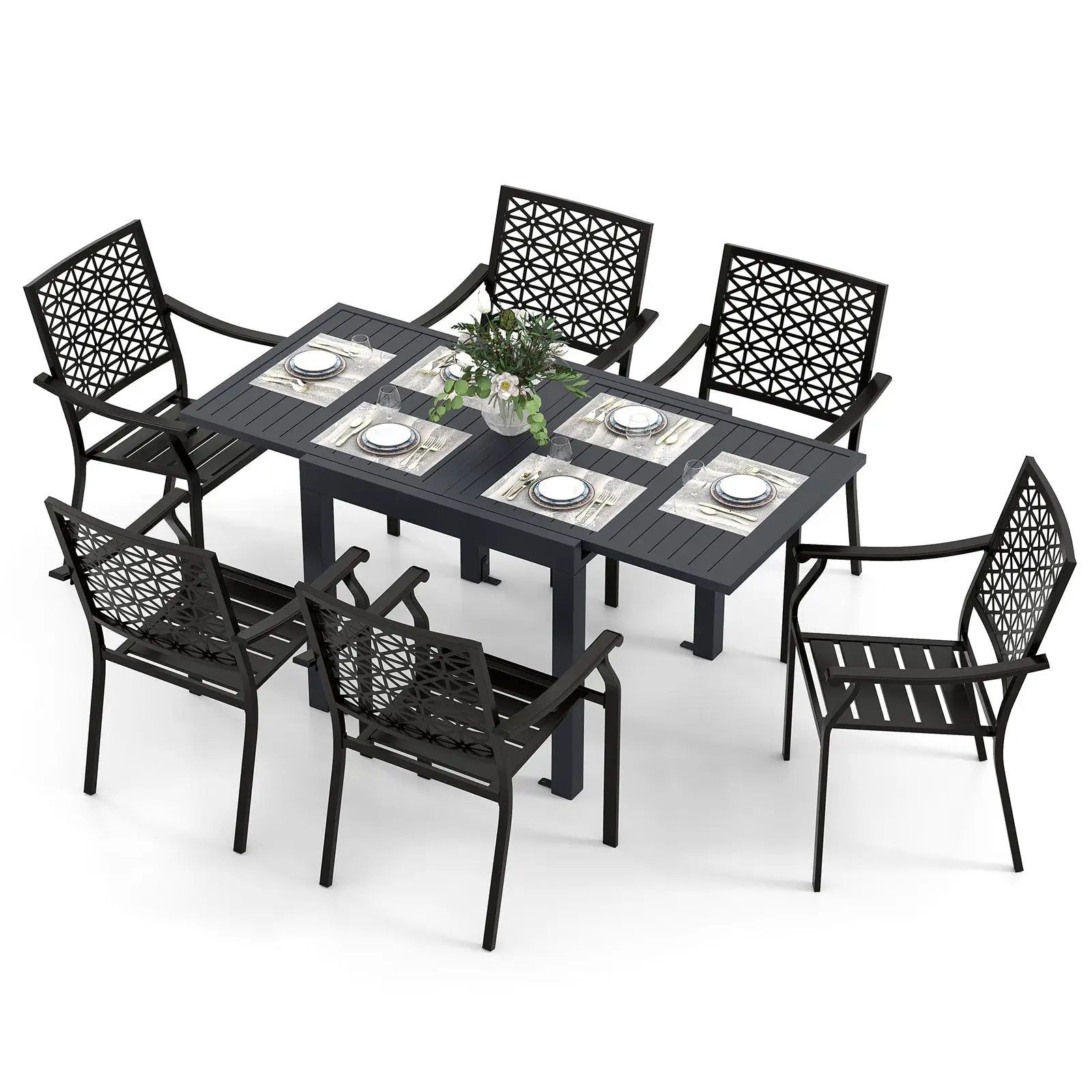 Patio Rectangular Aluminum Table and Stackable Armchairs Set with Slatted Tabletop and Seats by DirectDeals