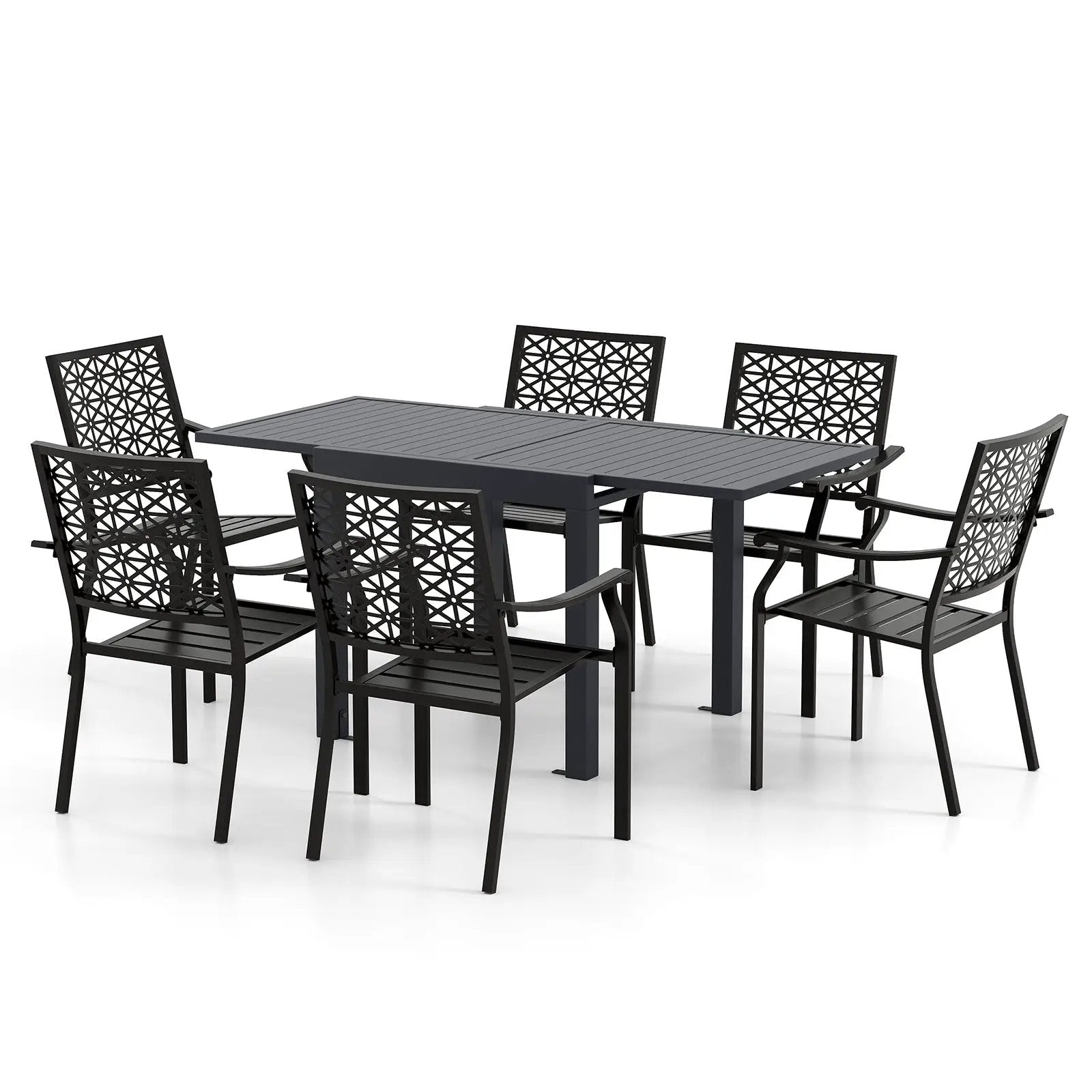 Patio Rectangular Aluminum Table and Stackable Armchairs Set with Slatted Tabletop and Seats by DirectDeals