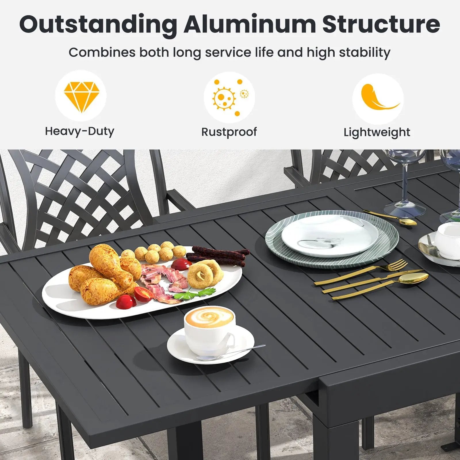 Patio Rectangular Aluminum Table and Stackable Armchairs Set with Slatted Tabletop and Seats by DirectDeals