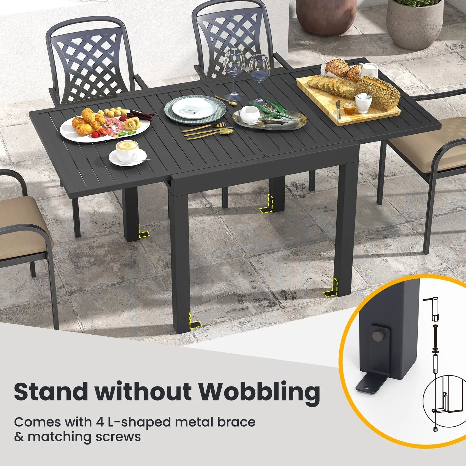 Patio Rectangular Aluminum Table and Stackable Armchairs Set with Slatted Tabletop and Seats by DirectDeals