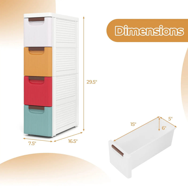 4-Drawer Rolling Organizer Unit Narrow Storage Cabinet with Built-In Wheels for Small Space-Colorful by DirectDeals