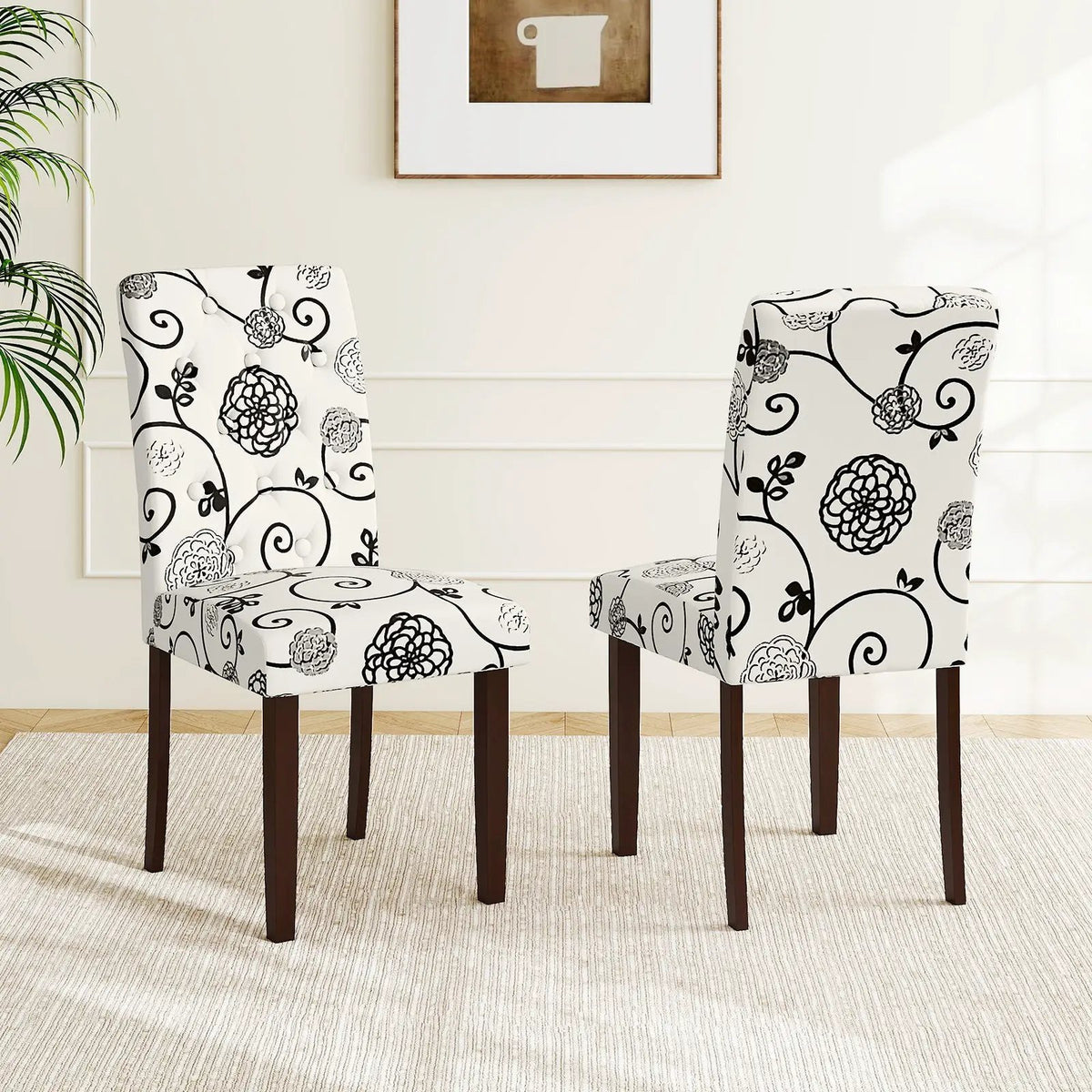 Button Tufted Fabric Upholstered Wooden Dining Chair Set of 2 with High Curved Back by DirectDeals