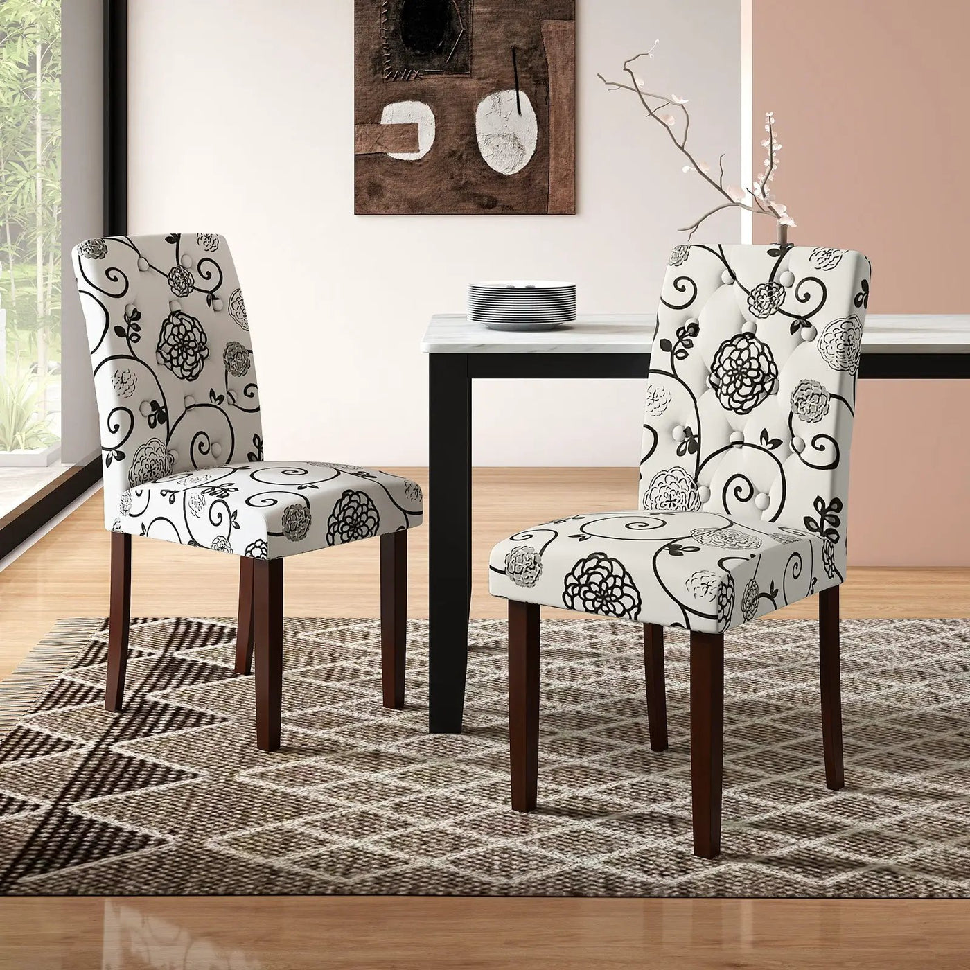 Button Tufted Fabric Upholstered Wooden Dining Chair Set of 2 with High Curved Back by DirectDeals