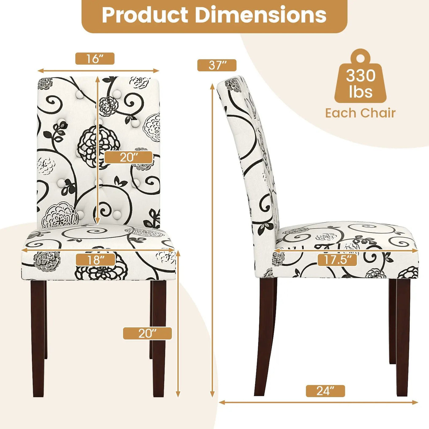 Button Tufted Fabric Upholstered Wooden Dining Chair Set of 2 with High Curved Back by DirectDeals