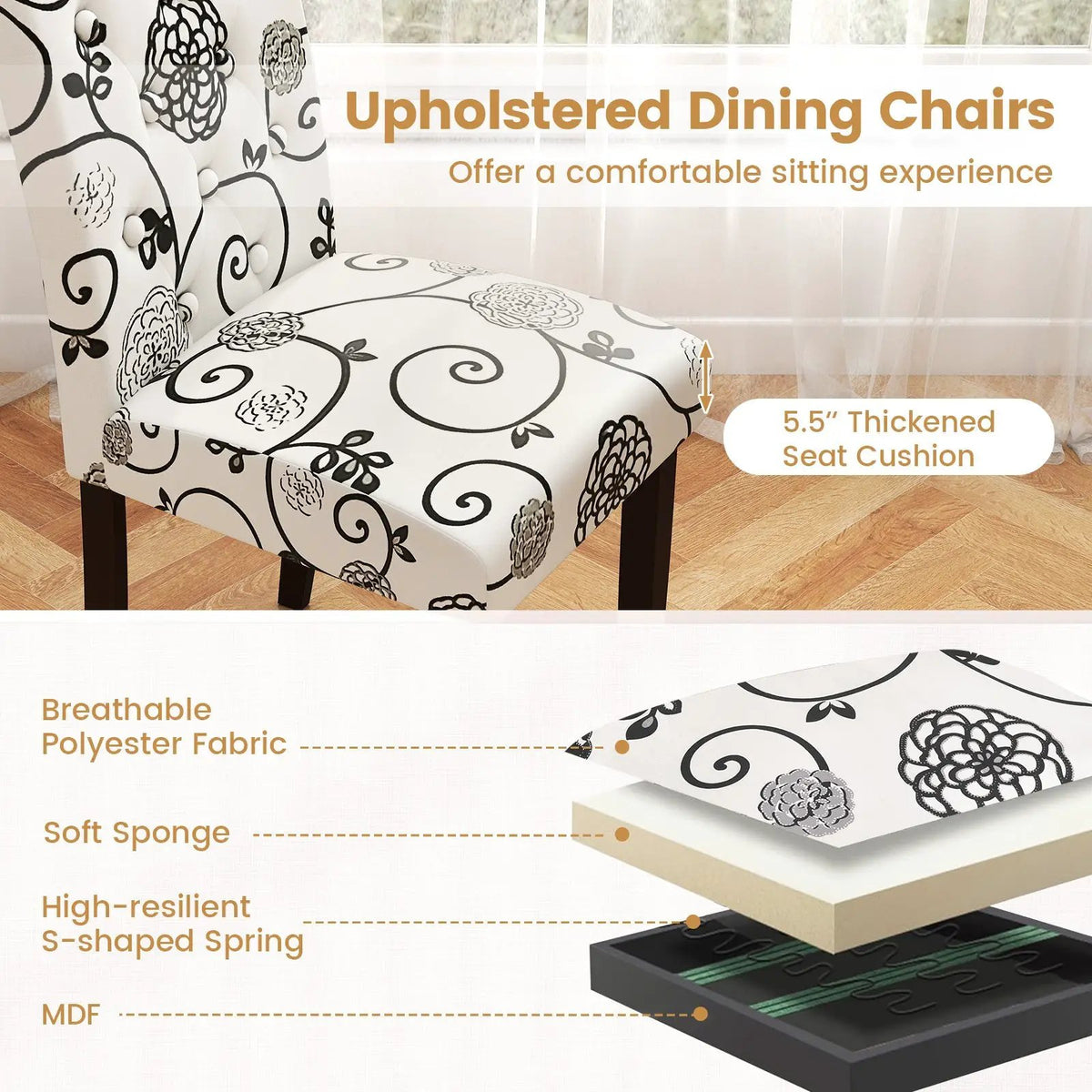 Button Tufted Fabric Upholstered Wooden Dining Chair Set of 2 with High Curved Back by DirectDeals