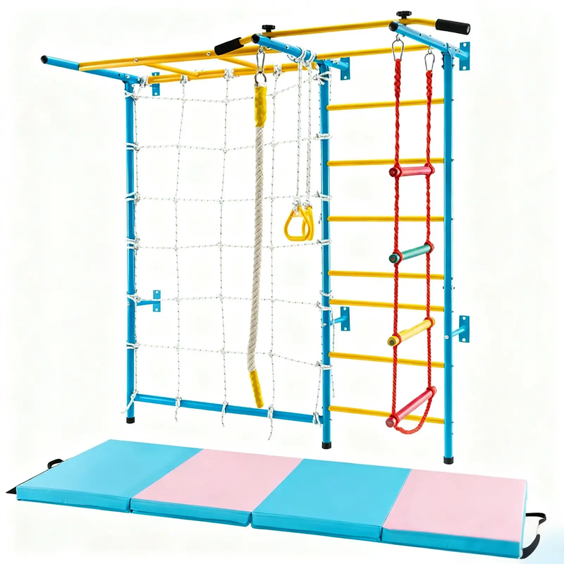 7-in-1 Swedish Ladder with Folding Gymnastics Mat for Solid Wall for Kids by DirectDeals