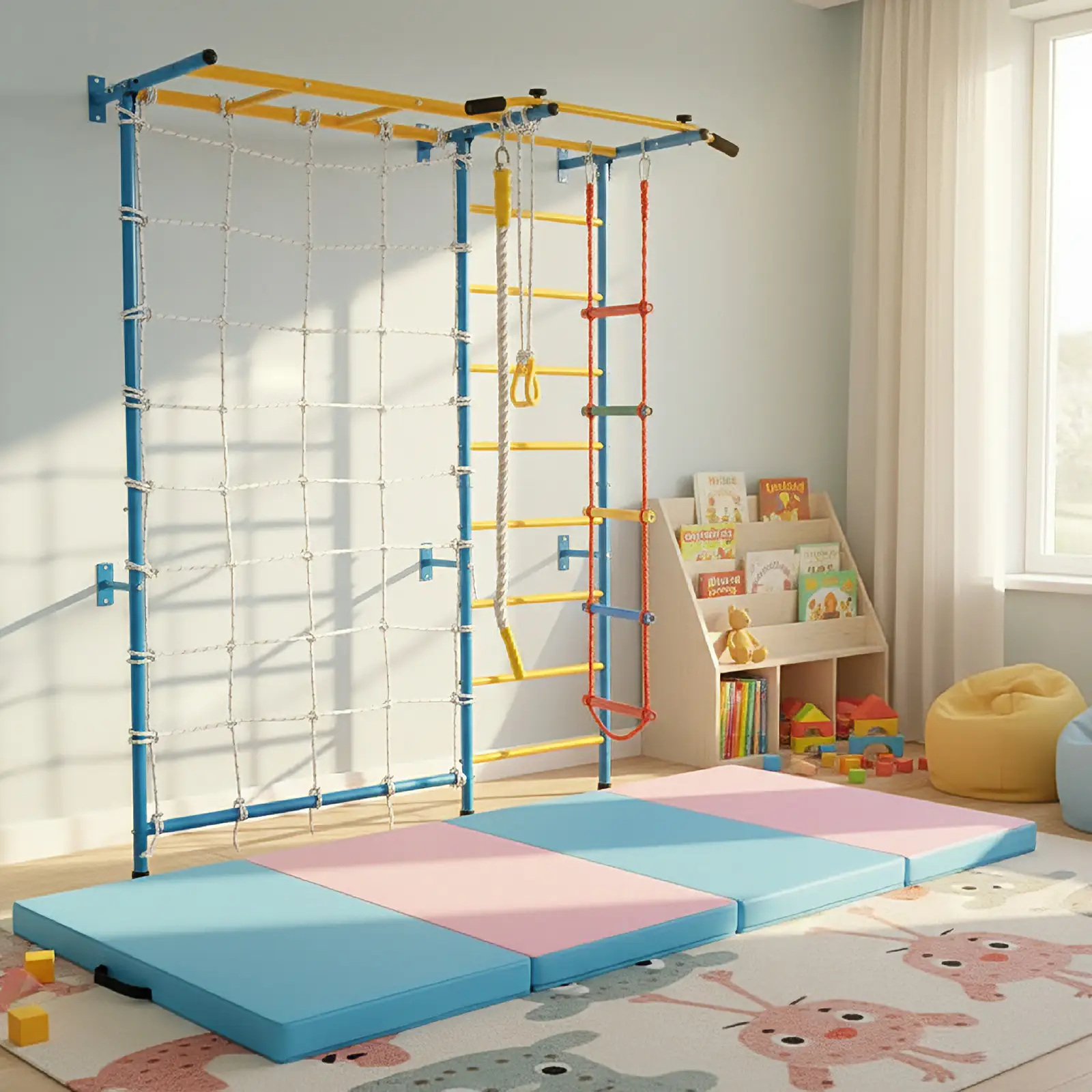 7-in-1 Swedish Ladder with Folding Gymnastics Mat for Solid Wall for Kids by DirectDeals
