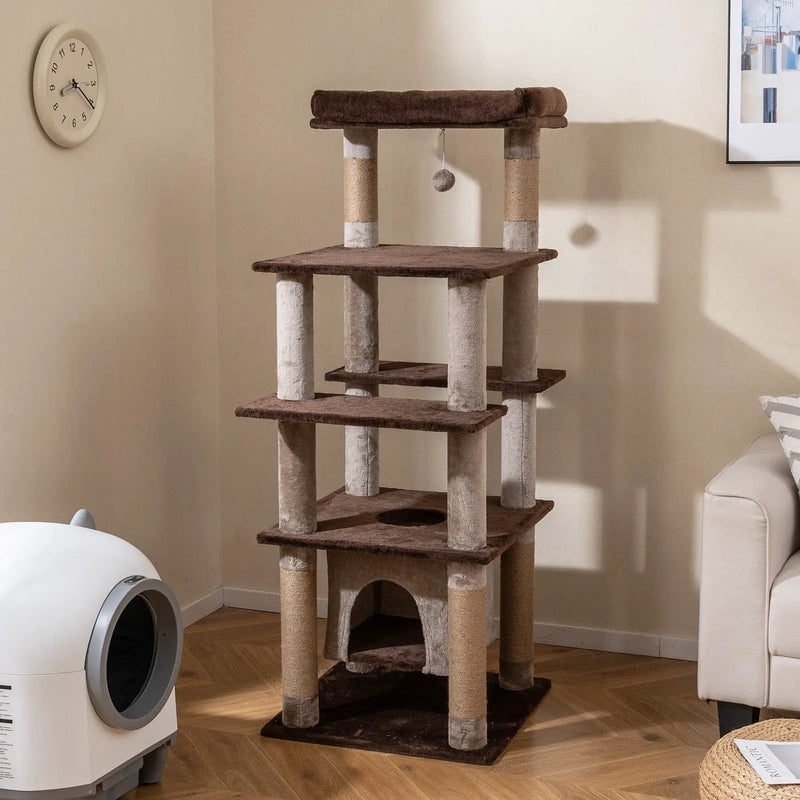 58 Inch Large Multi-level Cat Tree with Swaying Aerial Condo and Plush Perch Bed by DirectDeals