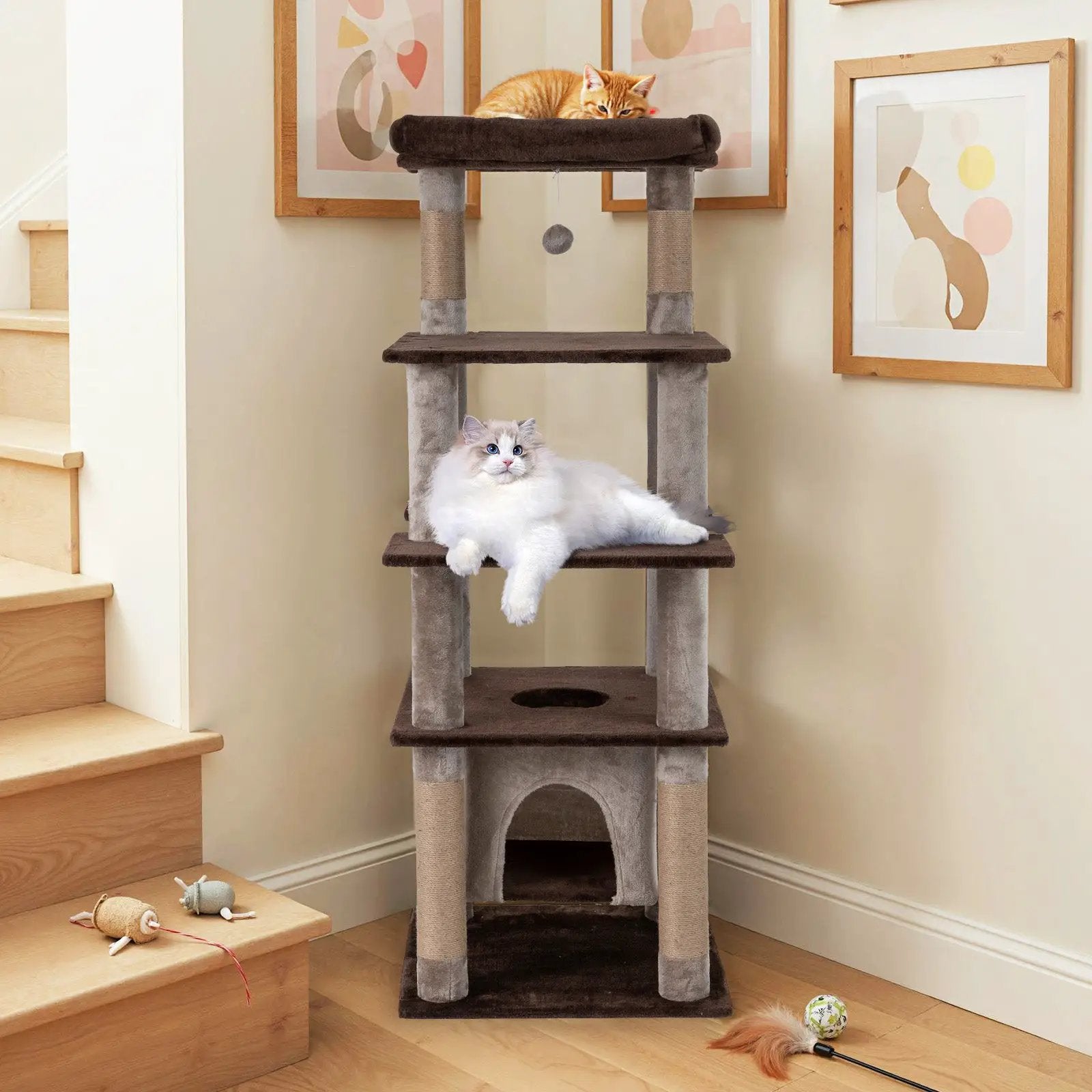 58 Inch Large Multi-level Cat Tree with Swaying Aerial Condo and Plush Perch Bed by DirectDeals
