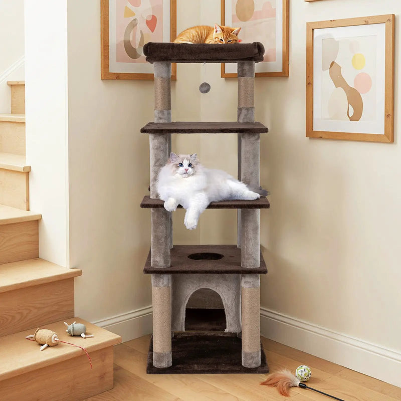 58 Inch Large Multi-level Cat Tree with Swaying Aerial Condo and Plush Perch Bed by DirectDeals