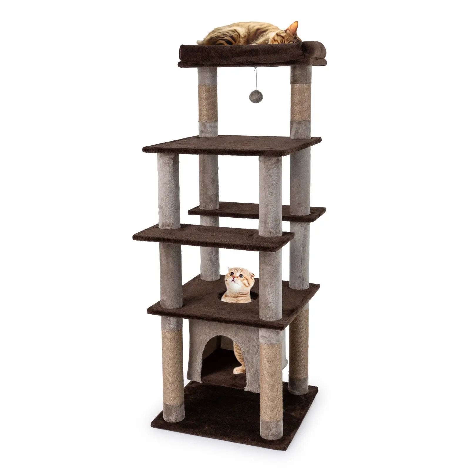 58 Inch Large Multi-level Cat Tree with Swaying Aerial Condo and Plush Perch Bed by DirectDeals