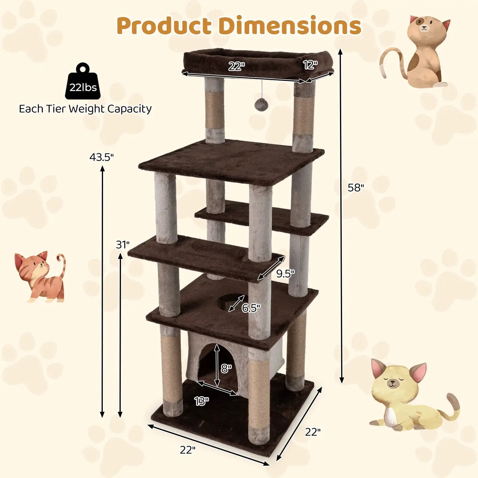 58 Inch Large Multi-level Cat Tree with Swaying Aerial Condo and Plush Perch Bed by DirectDeals