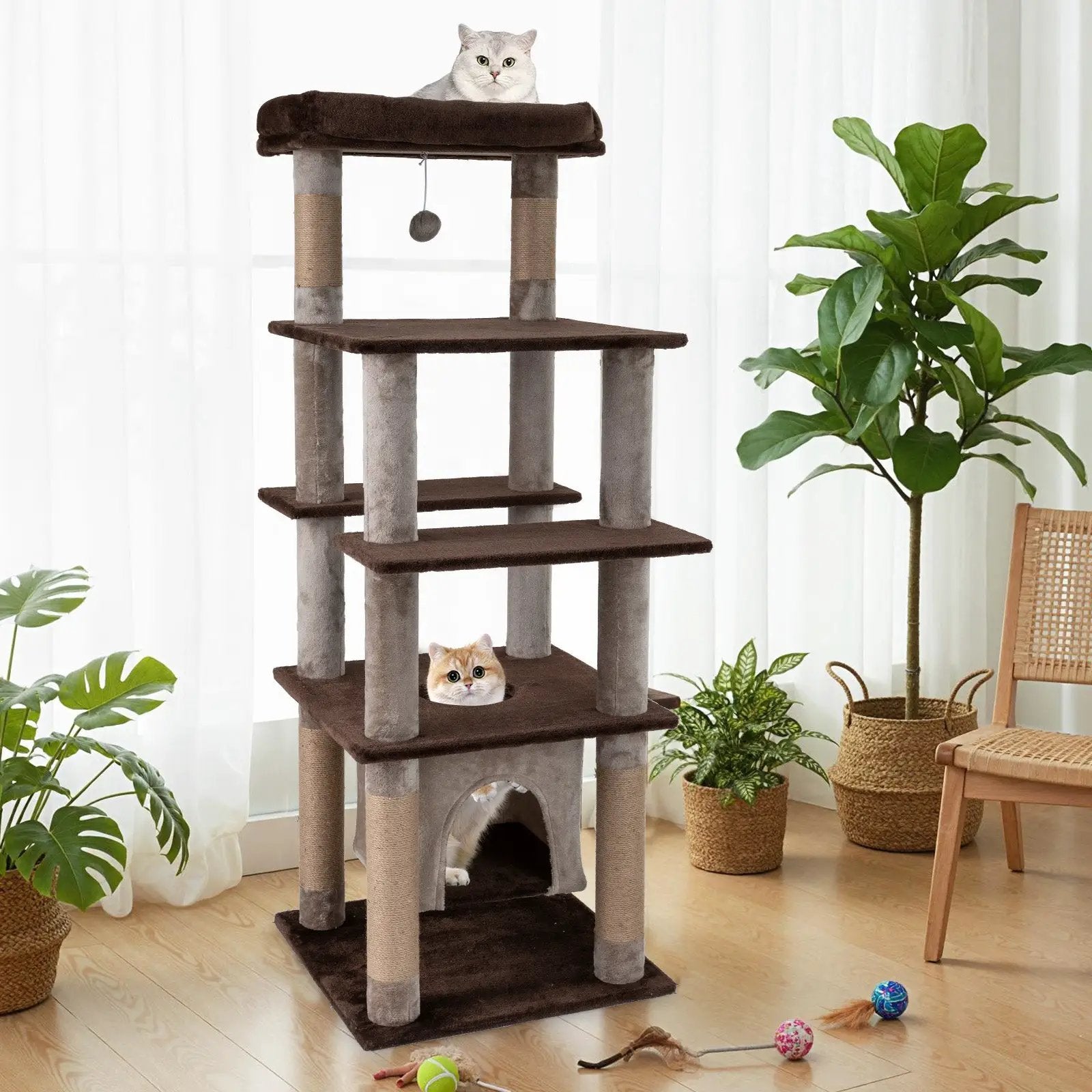 58 Inch Large Multi-level Cat Tree with Swaying Aerial Condo and Plush Perch Bed by DirectDeals