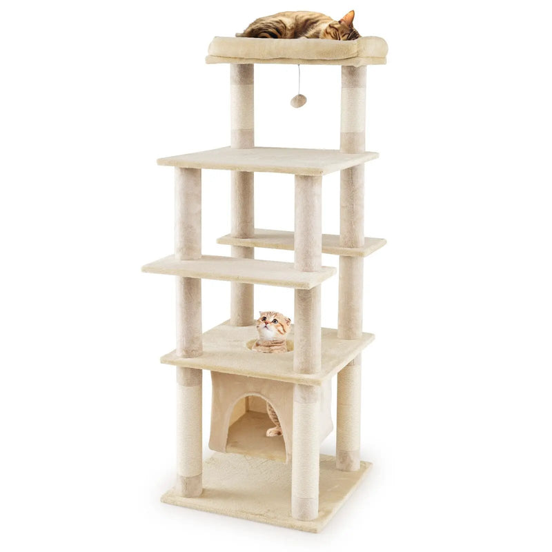 58 Inch Large Multi-level Cat Tree with Swaying Aerial Condo and Plush Perch Bed by DirectDeals