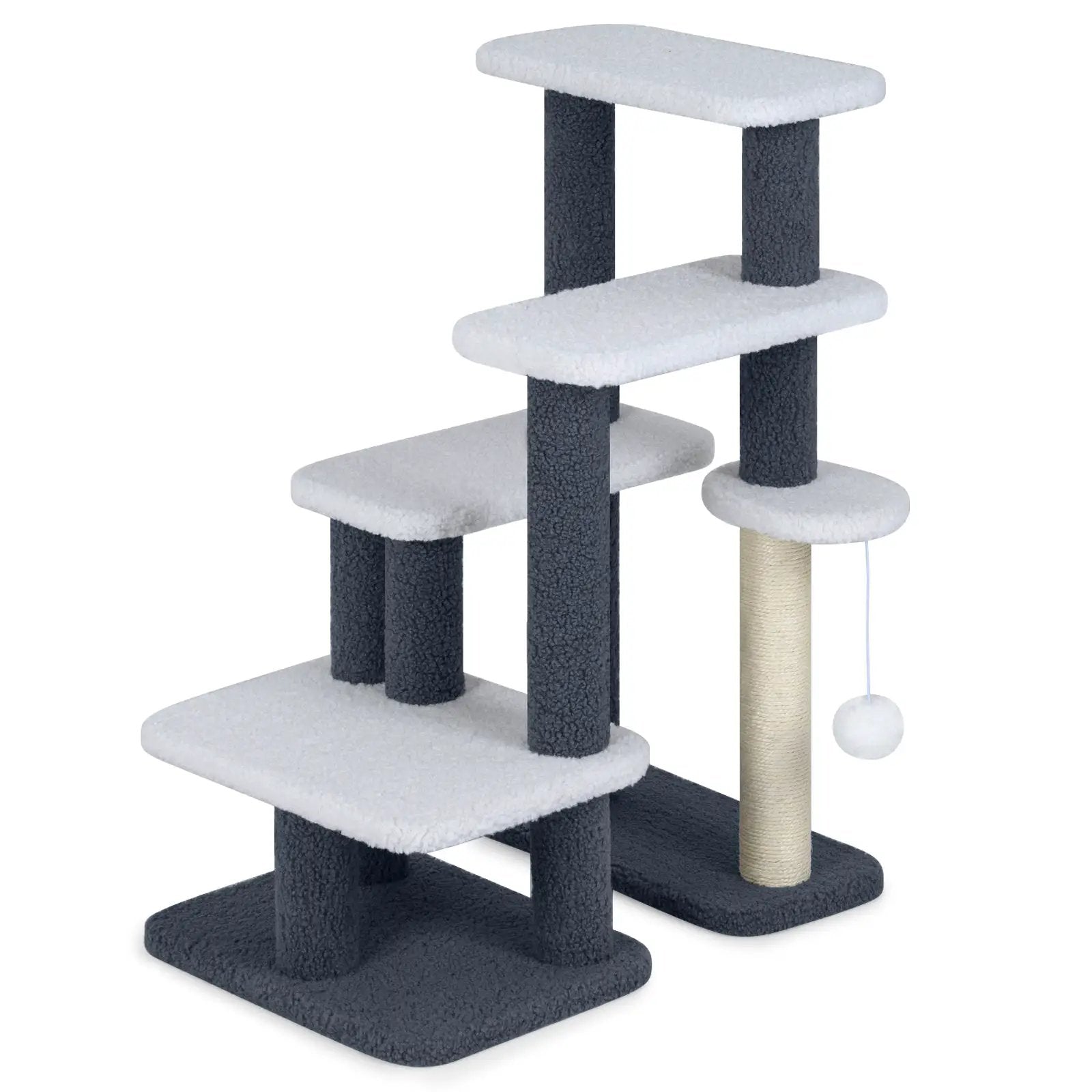 2-in-1 Cat Stairs Cat Tree Tower with Scratching Posts and Hanging Toy Ball-Gray by DirectDeals