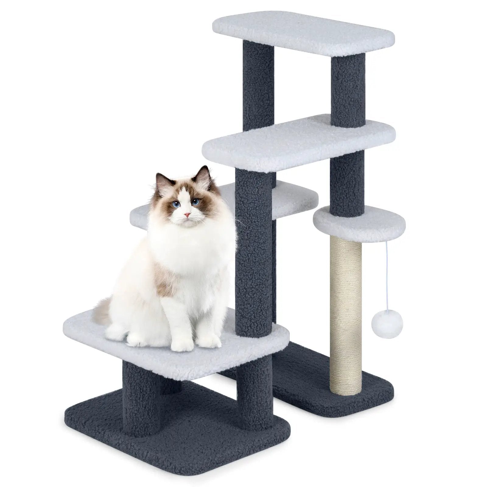 2-in-1 Cat Stairs Cat Tree Tower with Scratching Posts and Hanging Toy Ball-Gray by DirectDeals