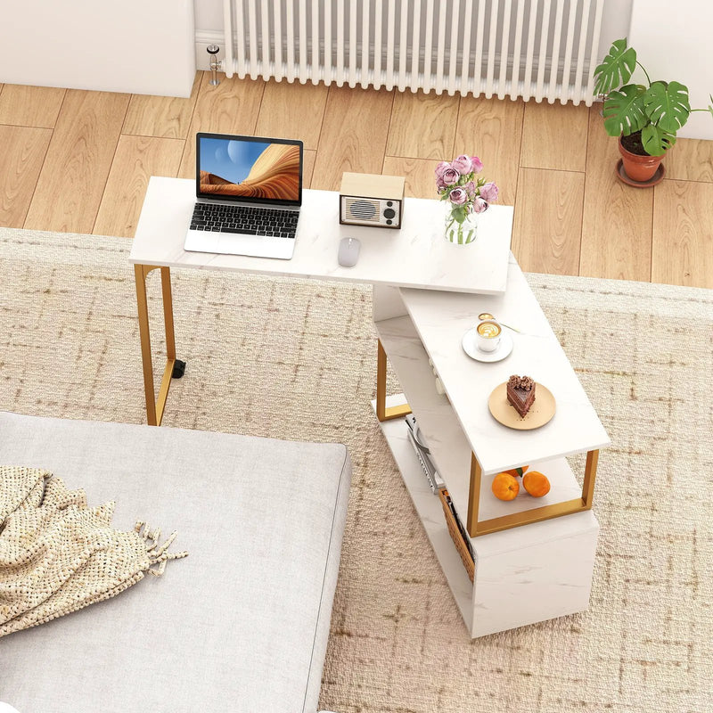 360¬∞ Rotating Sofa Side Table with Storage Bookcase and Hooks for Living Room-White by DirectDeals