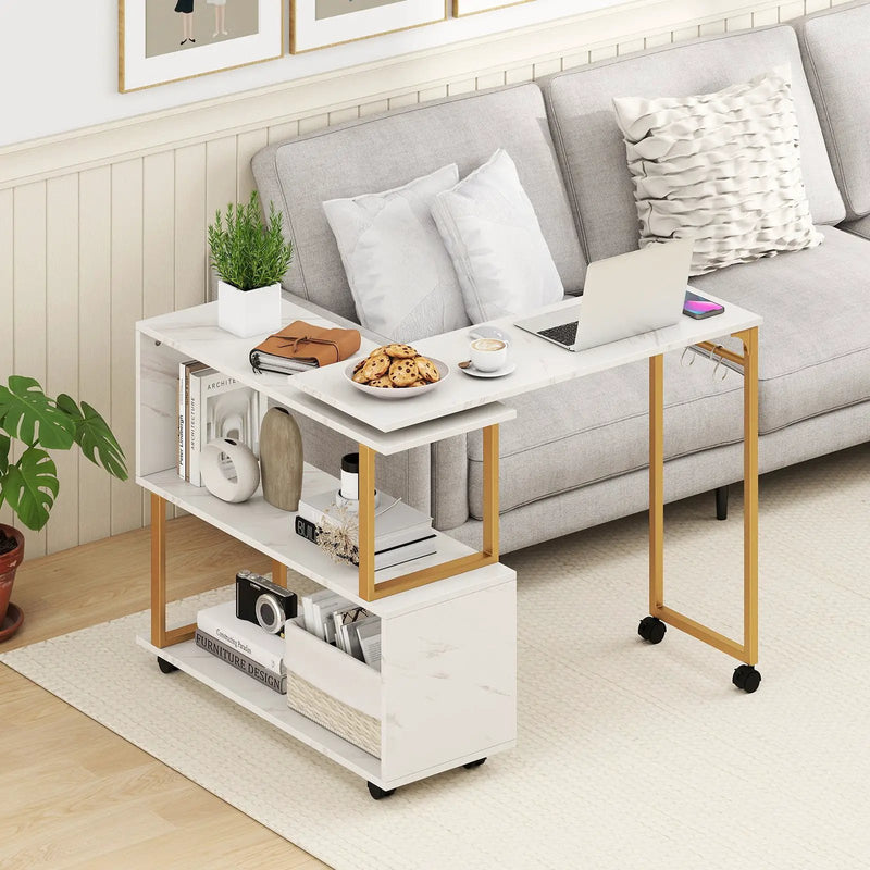 360¬∞ Rotating Sofa Side Table with Storage Bookcase and Hooks for Living Room-White by DirectDeals