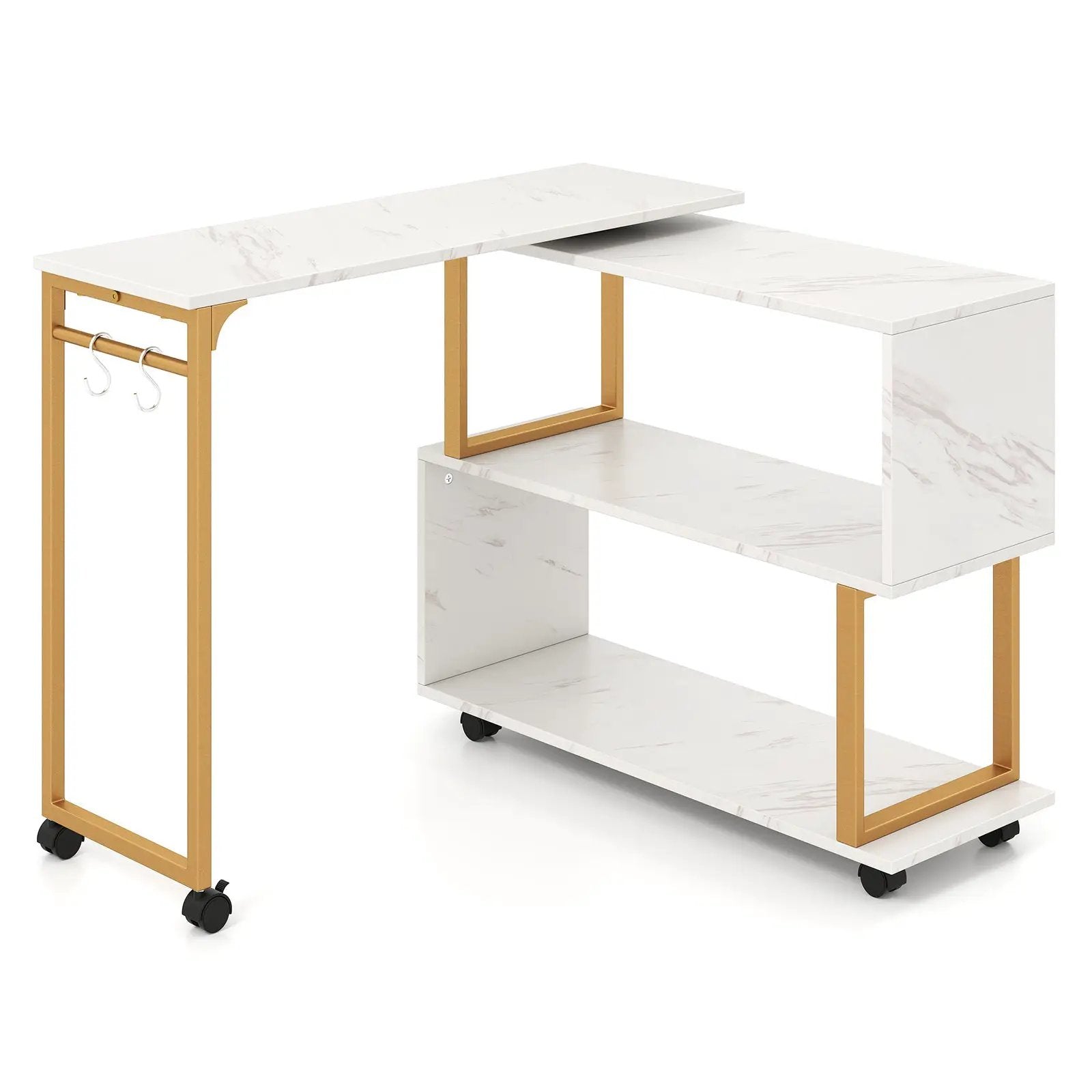 360¬∞ Rotating Sofa Side Table with Storage Bookcase and Hooks for Living Room-White by DirectDeals
