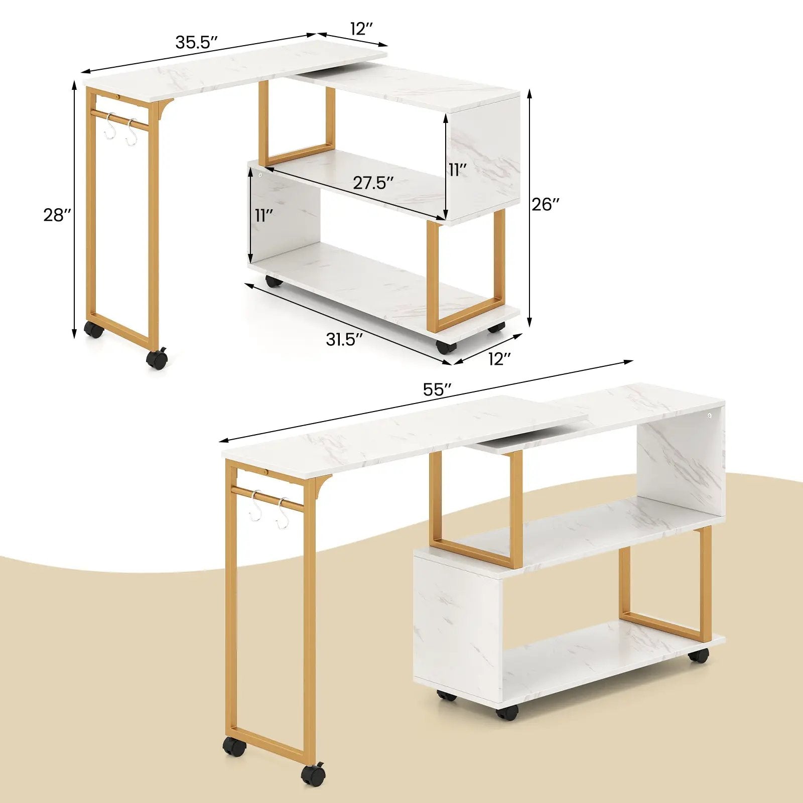 360¬∞ Rotating Sofa Side Table with Storage Bookcase and Hooks for Living Room-White by DirectDeals