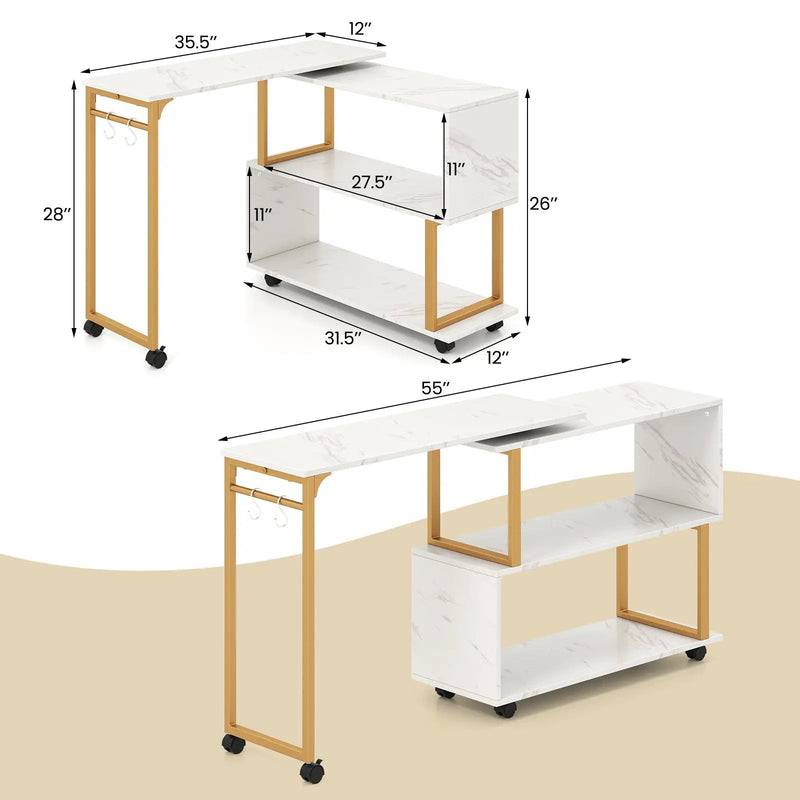360¬∞ Rotating Sofa Side Table with Storage Bookcase and Hooks for Living Room-White by DirectDeals