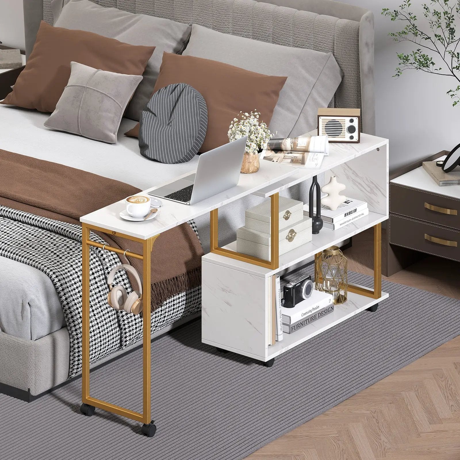 360¬∞ Rotating Sofa Side Table with Storage Bookcase and Hooks for Living Room-White by DirectDeals