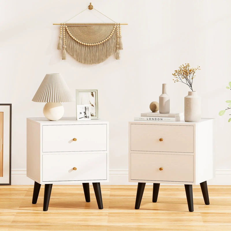 Nightstand Set of 2 Mid Century Modern Bedside Table with Golden Knobs and Raised Support Legs by DirectDeals